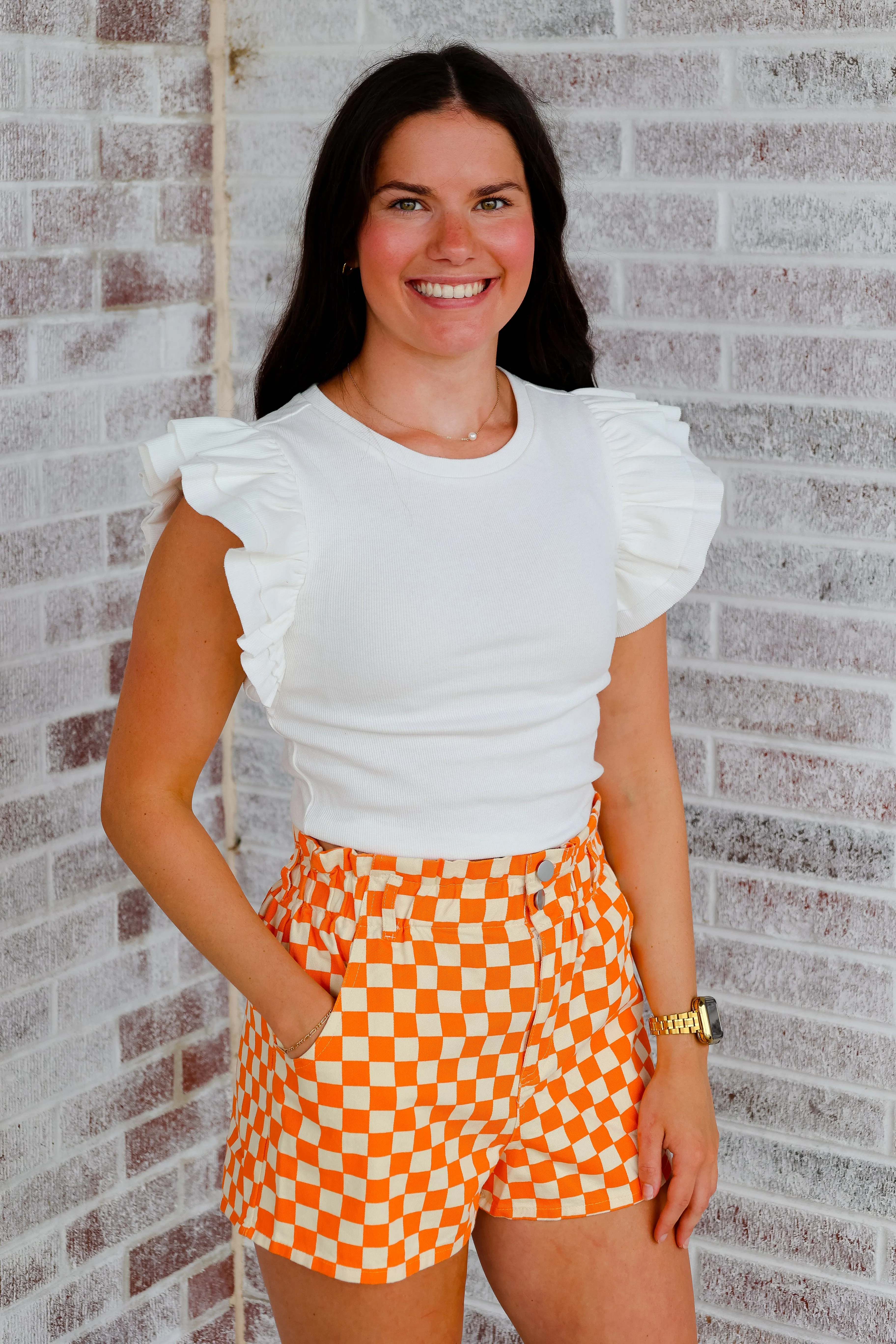 Dibs On The Quarterback Checker Print Denim Shorts